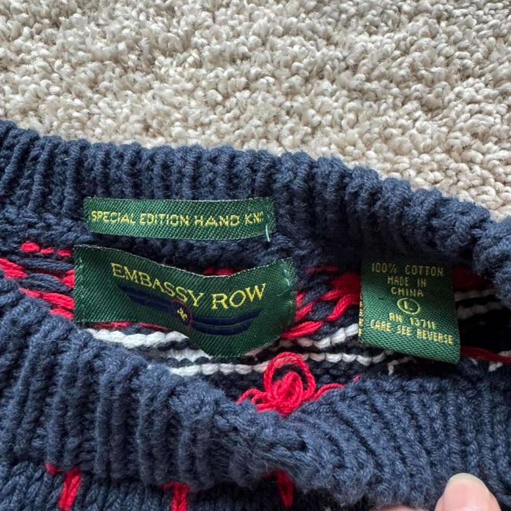 Navy and Red Patterned Men's Sweater - Picture 2 of 5